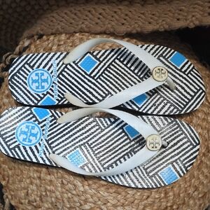 Tory Burch Monochrome Flip Flops with Blue Highlights